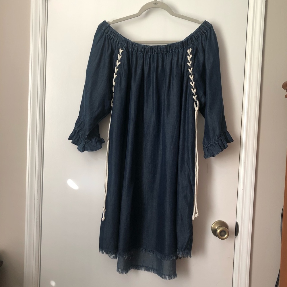 Chelsea & Theodore Tencel Dark Denim Blue Off the Shoulder Tunic Dress Size 1X